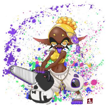 Rule 34 | 1girl, asymmetrical hair, bare shoulders, blonde hair, breasts, chainsaw, colored skin, colored tongue, commentary request, crop top, dark-skinned female, dark skin, earrings, eyelashes, fangs, food-themed hair ornament, forehead, frye (deep cut outfit) (splatoon), frye (splatoon), full body, gradient hair, hair ornament, harem pants, holding, inkling, jewelry, judd (splatoon), looking at viewer, medium breasts, medium hair, midriff, multicolored hair, multicolored skin, multiple earrings, namuro, navel, nintendo, open mouth, paint splatter, pants, pointy ears, purple hair, purple skin, purple tongue, shirt, simple background, sleeveless, sleeveless shirt, sleeveless turtleneck, smile, socks, solo, splatoon (series), splatoon 3, splatter background, standing, star-shaped pupils, star (symbol), stomach, symbol-shaped pupils, tentacle hair, toeless legwear, toes, tongue, tongue out, turtleneck, white background, white pants, white socks, yellow eyes, yellow shirt