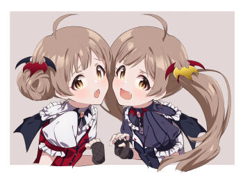 1girl ahoge bat_hair_ornament black_capelet black_dress black_gloves black_shirt brown_background brown_eyes brown_hair capelet claw_pose clenched_hand dress dual_persona fang fingerless_gloves flat_chest frilled_shirt frilled_sleeves frills gloves goma_konbu hair_bun hair_ornament hakozaki_serika hand_up highres idolmaster idolmaster_million_live! idolmaster_million_live!_theater_days long_hair looking_at_viewer my_dear_vampire_(idolmaster) open_mouth puffy_short_sleeves puffy_sleeves red_dress revision roaring shirt short_sleeves slit_pupils twintails upper_body white_shirt