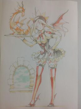 Rule 34 | 1girl, black shoes, black skirt, blue sky, brooch, commentary request, dragon, dragon girl, dragon wings, frilled skirt, frills, full body, gem, hand on own hip, hand up, high heels, holding, holding tray, jewelry, layered sleeves, leaning forward, long sleeves, medium hair, miniskirt, one eye closed, original, parted lips, peter salt, pointy ears, puffy short sleeves, puffy sleeves, red eyes, red gemstone, red thighhighs, red wings, shirt, shoes, short over long sleeves, short sleeves, skirt, sky, standing, striped clothes, striped thighhighs, thighhighs, traditional media, tray, underbust, vertical-striped clothes, vertical-striped thighhighs, white hair, white shirt, window, winged shoes, wings, zettai ryouiki