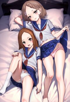 2girls bed bed_sheet blue_sailor_collar blue_skirt blush bow bow_panties braid braided_bangs brown_eyes brown_hair cameltoe clothes_lift elementary_(lolipope) forehead hair_ornament hairpin highres houjou_(takagi-san) karakai_jouzu_no_takagi-san lifting_own_clothes loli long_hair looking_at_viewer lying mole mole_under_eye multiple_girls neckerchief on_back on_bed open_mouth panties pillow pink_panties pleated_skirt red_neckerchief sailor_collar school_uniform serafuku shirt short_hair single_sidelock skirt skirt_lift smile socks takagi-san underwear white_panties white_shirt white_socks x_hair_ornament