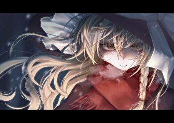 1girl black_coat black_hat blonde_hair bow braid breath coat cold commentary_request hair_between_eyes hat hat_bow hat_ribbon highres kirisame_marisa lips long_hair looking_at_viewer night open_mouth outdoors red_scarf ribbon scarf signature single_braid snowing solo t_terano teeth touhou twitter_username white_bow white_ribbon yellow_eyes