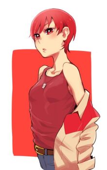 1girl belt blue_pants breasts brown_belt brown_jacket denim jacket jeans jewelry kenjou_akira kirakira_precure_a_la_mode necklace pants precure profile red_background red_eyes red_hair red_tank_top short_hair small_breasts solo tank_top ukokkei