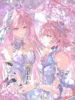 2girls absurdres bare_shoulders breasts chibi chinese_commentary cleavage color_connection commentary_request commission corset cyrene_(demiurge)_(honkai:_star_rail) cyrene_(honkai:_star_rail) diamond-shaped_pupils diamond_(shape) dress earrings elysia_(herrscher_of_human:_ego)_(honkai_impact) elysia_(honkai_impact) hair_color_connection hair_ornament highres holding_hands honkai:_star_rail honkai_(series) honkai_impact_3rd inoue_marina jewelry large_breasts lingmindu long_hair looking_at_another multiple_girls pink_hair purple_eyes second-party_source smile symbol-shaped_pupils triquetra very_long_hair voice_actor_connection white_corset white_dress yanning
