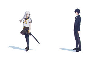 1boy 1girl amamiya_ren black_hair black_jacket black_pantyhose black_sailor_collar black_shoes black_skirt braid braided_ponytail character_request check_character check_copyright commentary_request copyright_request from_side full_body genderswap genderswap_(mtf) glasses grey_eyes grey_hair highres holding holding_sword holding_weapon houndstooth jacket katana kotomeiro long_hair long_sleeves looking_at_another looking_back narukami_yu neckerchief pants pantyhose persona persona_4 persona_5 plaid_clothes plaid_pants sailor_collar school_uniform serafuku sheath sheathed shirt shoes short_hair short_sleeves shuujin_academy_school_uniform simple_background skirt sword untucked_shirt weapon white_background white_shirt yasogami_school_uniform yellow_neckerchief