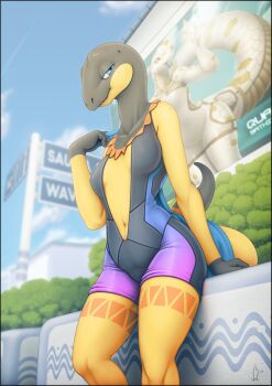 1girl 2017 bare_shoulders billboard blue_eyes blue_sky breasts bush cloud collarbone dated female_focus furry furry_female gen_6_pokemon half-closed_eyes hand_up heliolisk highres looking_to_the_side navel nintendo one-piece_swimsuit outdoors personification pokemon pokemon_(creature) pokemon_xy reptile_girl sharp_teeth signature sitting sky small_breasts smile solo swimsuit tail teeth text_focus towel vader-san