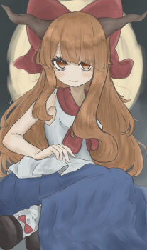 1girl black_shoes blue_skirt blunt_bangs blush bow brown_hair commentary diagonal_bangs hair_bow horns ibuki_suika iguano_(xzrj7874) long_hair looking_at_viewer oni red_bow shirt shoes sitting skirt sleeveless sleeveless_shirt socks solo touhou very_long_hair white_shirt white_socks yokozuwari