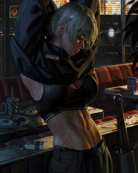 1girl black_pants black_shirt blood breasts cigarette cigarette_pack closed_mouth couch cup disposable_cup drinking_straw earrings grey_hair guweiz highres indoors jewelry lighter medium_breasts navel original pants plate scar shirt solo sports_bra stud_earrings sword table undressing weapon