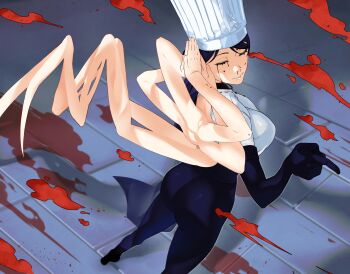 1girl absurdres arthropod_limbs black_pants blood blood_on_face blood_on_ground bloody_tears breasts chainsaw_man chef_hat closed_eyes closed_mouth dakaeya extra_arms falling_devil_(chainsaw_man) female_focus flat_top_chef_hat hat highres holding_detached_head large_breasts multiple_arms pants solo standing