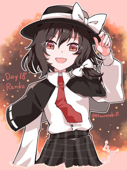 Rule 34 | 1girl, :d, adjusting clothes, adjusting headwear, aomurasaki r, black capelet, black hat, black skirt, bow, brown hair, capelet, character name, collared shirt, commentary, constellation, constellation request, dress shirt, hair bow, hat, hat bow, highres, long sleeves, medium hair, necktie, open mouth, plaid clothes, plaid skirt, red eyes, red necktie, ribbon-trimmed capelet, ribbon trim, shirt, shirt tucked in, skirt, sleeve cuffs, smile, solo, standing, touhou, twitter username, usami renko, white bow, white shirt