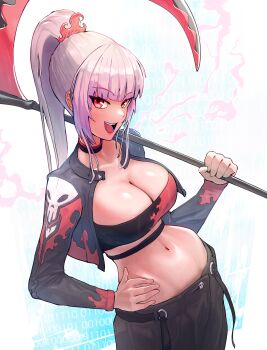 1girl :d absurdres black_choker black_pants breasts choker cleavage commentary crop_top cropped_jacket english_commentary hair_ornament hand_on_own_hip high_ponytail highres holding holding_scythe hololive hololive_english large_breasts long_hair looking_at_viewer mori_calliope navel open_mouth pants pink_hair ponytail red_eyes scythe smile solo stomach very_long_hair virtual_youtuber yodokogon