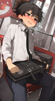 anal anal_object_insertion bar_censor black_hair blush briefcase censored collared_shirt cum ejaculating_while_penetrated ejaculation erection hiding_erection highres male_focus male_masturbation masturbation necktie object_insertion open_mouth original prostate_milking public_indecency sex_toy sfisdis shirt shota sitting sweat sweatdrop train trembling_legs vibrator vibrator_in_anus white_shirt x-ray yaoi