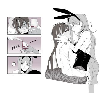 2girls akaitrex alcohol animal_ear_hairband animal_ears bare_arms blush breasts closed_mouth commentary drunk english_commentary eye_contact fake_animal_ears fake_tail fishnet_pantyhose fishnets greyscale hairband highres hololive hololive_indonesia kureiji_ollie large_breasts long_hair looking_at_another monochrome moona_hoshinova multicolored_hair multiple_girls pantyhose parted_lips playboy_bunny pouring rabbit_ear_hairband rabbit_ears rabbit_tail red_wine scar scar_on_face smile spot_color streaked_hair tail wine wrist_cuffs yuri zombie