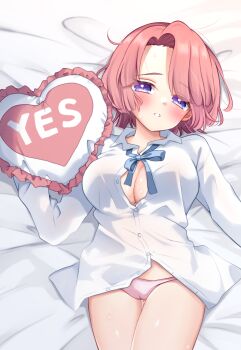 1girl arimura_mao blush breasts cameltoe commentary_request dress_shirt gakuen_idolmaster heart_cushion highres idolmaster looking_at_viewer lying medium_breasts no_pants on_back on_bed panties partially_unbuttoned pink_hair pink_panties purple_eyes rori_(lovesick_bomb) shirt solo thighs underwear white_shirt yes yes-no_pillow