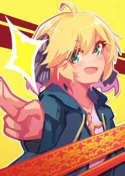 1girl absurdres ahoge anisphia_wynn_palettia blonde_hair blush cross green_eyes highres hood hood_down jacket jewelry long_sleeves looking_at_viewer medium_hair necklace open_clothes open_mouth outline ribbon rnna shirt short_hair smile solo tensei_oujo_to_tensai_reijou_no_mahou_kakumei upper_body v white_outline white_shirt yellow_background