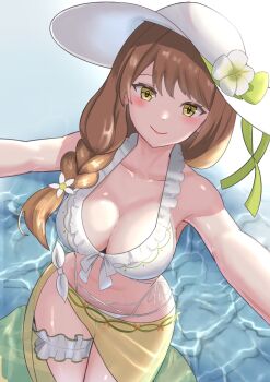 Rule 34 | 1girl, armpits, bikini, blush, braid, breasts, brown hair, cleavage, closed mouth, collarbone, fire emblem, fire emblem engage, fire emblem heroes, flower, flower as hat, from above, gold sarong, goldmary (fire emblem), goldmary (summer) (fire emblem), hat, hat flower, highres, large breasts, long hair, looking at viewer, navel, nintendo, official alternate costume, sarong, see-through clothes, smile, solo, sun hat, swimsuit, tarutaru193, white bikini, wide hips, yellow eyes, yellow sarong