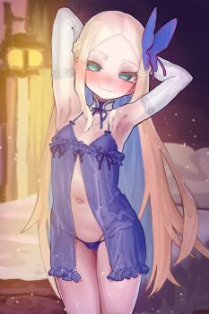 1girl absurdres aqua_eyes armpit_focus armpits arms_up babydoll bed blonde_hair blue_hair blush breasts butterfly_hair_ornament check_copyright colored_inner_hair come_hither commission copyright_request ekrea_jan elbow_gloves gloves hair_ornament highres lingerie long_hair looking_at_viewer multicolored_hair naughty_face navel original panties purple_panties skeb_commission small_breasts smile solo two-tone_hair underwear very_long_hair