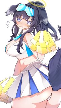1girl animal_ears ass back black_hair blue_archive blush breasts cheerleader commentary_request dog_ears dog_girl dog_tail goggles goggles_on_head halo hibiki_(blue_archive) hibiki_(cheer_squad)_(blue_archive) highres holding holding_pom_poms long_hair looking_at_viewer looking_back millennium_cheerleader_outfit_(blue_archive) notukosis2 official_alternate_costume open_mouth panties pom_pom_(cheerleading) pom_poms simple_background skirt solo star_(symbol) star_sticker sticker sticker_on_face tail thighs underwear white_background yellow_halo
