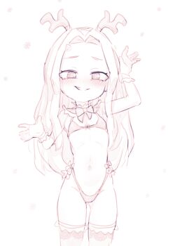 1girl antlers bikini blush boku_no_hero_academia bow bowtie christmas eri_(boku_no_hero_academia) flat_chest forehead gloves gluteal_fold greyscale grin groin highleg highres horns loli long_hair looking_at_viewer micro_bikini monochrome navel reindeer_antlers rodecchi simple_background sketch smile solo standing swimsuit thong upper_body white_background