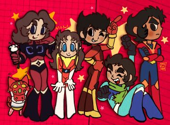 1girl 4boys ^_^ androgynous art_o_bart_o belt bent_over bishounen black_footwear blue_bodysuit blue_eyes blue_footwear blue_gloves bodysuit boots bracelet breasts brown_eyes brown_hair cat chibi closed_eyes crossed_arms duke_fleed eyelashes flower frown full_body getter-1 getter_robo gloves green_scarf grid grin hand_on_own_hip hand_up hands_on_own_knees highres holding holding_flower index_finger_raised jewelry kabuto_kouji knee_boots light_blush long_hair long_sideburns looking_at_viewer maria_grace_fleed mazinger_(series) mazinger_z mecha_pilot_suit multicolored_bodysuit multiple_boys nagare_ryoma non-humanoid_robot one_eye_closed profile red_background red_bodysuit red_footwear red_gloves robot robot_cat scarf sharp_teeth short_eyebrows short_hair sideburns sideways_glance sitting smile standing star_(symbol) star_symbol_background teeth thick_eyebrows tsurugi_tetsuya ufo_robo_grendizer white_flower white_footwear white_gloves yellow_bodysuit