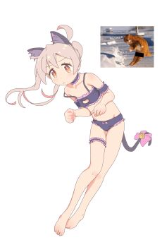 1girl :< absurdres ahoge animal_ear_fluff animal_ears arm_strap bare_legs bare_shoulders barefoot bell black_bra black_choker black_panties bow bow_panties bra brown_eyes cat cat_cutout cat_ears cat_lingerie cat_tail choker cleavage_cutout clothing_cutout collarbone commentary dot_nose feet frilled_arm_strap frilled_bra frilled_choker frilled_panties frilled_thigh_strap frills full_body grey_hair highres jibijibipen jingle_bell leaning_to_the_side light_blush loli long_hair looking_at_viewer midair onii-chan_wa_oshimai! oyama_mahiro panties photo-referenced pink_bow reference_inset simple_background solo strap_slip tail tail_bell tail_bow tail_ornament thigh_gap thigh_strap toes twintails underwear underwear_only white_background