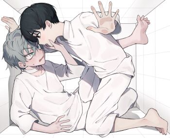 2boys 4tsuba_kuma aged_down alien_stage barefoot black_eyes black_hair choker commentary_request green_eyes grey_hair hand_on_another&#039;s_chin hand_on_wall highres ivan_(alien_stage) long_sleeves male_focus multiple_boys open_mouth pants pushing_away red_pupils shirt short_hair smile stuck_in_a_box sweatdrop till_(alien_stage) very_short_hair white_choker white_pants white_shirt