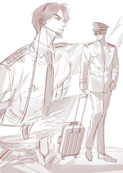 1boy absurdres caleb_(love_and_deepspace) collared_shirt hand_in_pocket hat headset highres jacket kharu11 love_and_deepspace male_focus military_hat military_uniform multiple_views necktie pants parted_lips pilot rolling_suitcase sepia shirt shoes short_hair sketch solo suit_jacket suitcase sunglasses white_background
