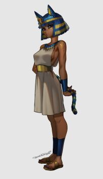 1girl absurdres ancient_egyptian ancient_egyptian_clothes animal_crossing animal_ears ankha_(animal_crossing) armlet armpit_crease backlighting bare_shoulders belt blonde_hair blue_hair blunt_bangs blunt_ends bob_cut breasts cat_ears cat_girl cat_tail closed_mouth daniel_deng dark-skinned_female dark_skin dress eye_of_horus eyelashes eyes_visible_through_hair facial_tattoo gradient_background highres humanization jewelry large_breasts looking_at_viewer multicolored_hair nintendo parted_lips purple_eyes ribs sandals see-through_silhouette shiny_skin short_hair sideboob simple_background slit_pupils solo standing tail tattoo two-tone_hair upper_body usekh_collar white_dress