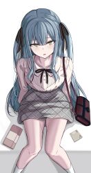 Rule 34 | 1girl, absurdres, bag, bang dream!, bang dream! it&#039;s mygo!!!!!, banknote, black ribbon, blue hair, chin gero, collared shirt, commentary request, from above, grey skirt, hair ribbon, handbag, highres, long sleeves, looking at viewer, money, neck ribbon, parted lips, plaid, plaid skirt, ribbon, shadow, shirt, simple background, sitting, skirt, solo, togawa sakiko, two side up, white background, white shirt, yellow eyes, yen