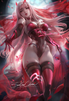 1girl alternate_costume blurry blurry_background breasts bride darling_in_the_franxx detached_sleeves dress falling_petals fishnets horns large_breasts latex lips long_hair open_mouth petals pink_hair red_eyes sakimichan see-through_clothes thighhighs veil very_long_hair wedding_dress zero_two_(darling_in_the_franxx)