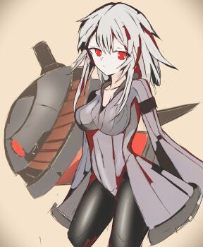 1girl absurdres armband black_leggings bodysuit breasts brown_background coat collarbone command_&amp;_conquer command_&amp;_conquer:_red_alert command_&amp;_conquer:_red_alert_2 covered_navel double-parted_bangs fur-trimmed_coat fur_trim highres large_breasts leggings leotard libra_(mental_omega) long_sleeves looking_at_viewer machine machinery medium_hair mental_omega_(mod) pale_skin pleated_coat pleated_skirt pleated_sleeves red_eyes sayk sidelocks sketch skirt sleeves_past_fingers sleeves_past_wrists solo upper_body v-neck white_hair