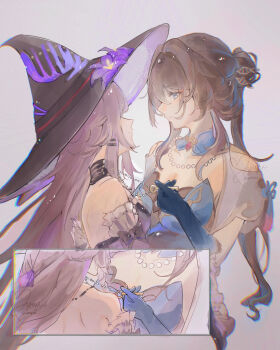 2girls absurdres bare_shoulders blue_dress blue_eyes blue_gloves blue_streaks brown_hair closed_mouth commentary dress elbow_gloves english_commentary flower gloves grey_hair hat hat_flower herta_(honkai:_star_rail) highres honkai:_star_rail honkai_(series) jewelry key key_necklace long_hair looking_at_another minyuu multiple_girls necklace purple_dress purple_flower purple_hat ruan_mei_(honkai:_star_rail) smile the_herta_(honkai:_star_rail) witch_hat yuri