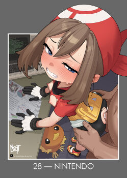 1boy 1girl anal ass bandana bike_shorts bike_shorts_under_shorts black_shorts blue_eyes breasts brown_hair clenched_teeth clothed_female_nude_male commentary cum desk english_commentary fanny_pack foreshortening from_above gen_3_pokemon hetero highres loli long_hair may_(pokemon) nayt_layt nintendo nipples nude penis pokemon pokemon_rse red_bandana red_shirt sex sex_from_behind shirt shorts shorts_rolled_up standing standing_sex teeth torchic torn_clothes torn_shorts twitter_username uncensored