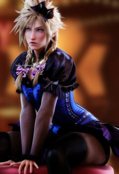 1boy 3d absurdres black_bow blonde_hair blue_dress blue_eyes blush bow braid cloud_strife crossdressing crossdressing_(mtf) dress final_fantasy final_fantasy_vii final_fantasy_vii_remake fishnet_armwear fishnet_legwear fishnets highres long_hair male_focus official_alternate_costume pink_bow sitting solarasona solo spiked_hair square_enix twin_braids wall_market