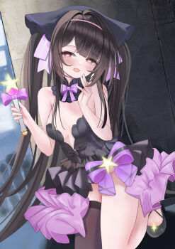 1girl absurdres azur_lane black_dress black_hair black_headscarf breasts chang_feng_(azur_lane) changgong8745 detached_collar dress frills headscarf heart heart-shaped_pupils highres kneeling long_hair looking_at_viewer medium_breasts open_mouth red_eyes smile solo symbol-shaped_pupils very_long_hair wand