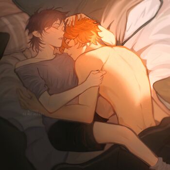 2boys back bed_sheet black_nails black_pants body_freckles closed_eyes closed_mouth freckles genshin_impact grey_shirt highres male_focus morning multiple_boys pants pillow scaramouche_(genshin_impact) shirt shoulder_freckles sleeping sleeping_on_person sleeping_together socks sunlight tartaglia_(genshin_impact) wiistef yaoi