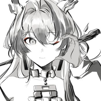 Rule 34 | 1girl, ;), absurdres, arknights, arm up, bare shoulders, closed mouth, dragon girl, dragon horns, earrings, eyeliner, greyscale, hair between eyes, hair intakes, highres, horns, huangchengxiaoge, jewelry, light smile, long hair, long sleeves, looking at viewer, makeup, monochrome, necklace, off shoulder, one eye closed, orange eyeliner, portrait, shu (arknights), simple background, smile, solo, spot color, white background