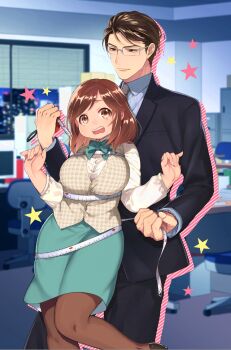 1boy 1girl :o aqua_skirt bad_id bad_pixiv_id bishounen black_hair blurry book bow bowtie breasts brown_eyes brown_hair brown_pantyhose building buttons cabinet chair cityscape clenched_hands collared_shirt computer computer_tower depth_of_field desk dress_shirt file_cabinet formal_clothes glasses holding hosoi_chiyako indoors katase_waka large_breasts leg_up light_smile long_hair long_sleeves looking_at_another looking_at_viewer love_diet measuring monitor narasawa_kyouichirou necktie night office office_chair office_lady official_art open_mouth pantyhose parted_bangs pencil_skirt plump raised_eyebrows rimless_eyewear shadow shirt shoes short_hair skirt sky skyscraper smile star_(symbol) striped suit surprised_arms swept_bangs swivel_chair tape_measure tears vest watch wavy_mouth window window_blinds wristwatch