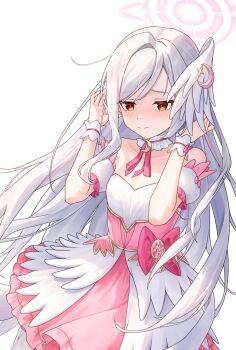 1girl 3: absurdres bare_shoulders blue_archive blush bow breasts chinese_commentary choker closed_mouth collarbone commentary cowboy_shot detached_sleeves dress dress_bow feathered_wings floating_hair frilled_choker frilled_dress frilled_sleeves frilled_wrist_cuffs frills fu_shang furrowed_brow hair_between_eyes halo hands_up head_wings highres long_hair official_alternate_costume pink_bow pink_choker pink_dress pink_halo pink_wrist_cuffs puffy_short_sleeves puffy_sleeves red_eyes short_sleeves shy sidelocks simple_background small_breasts solo split_mouth strapless strapless_dress suzumi_(blue_archive) suzumi_(magical)_(blue_archive) two-tone_dress very_long_hair white_background white_dress white_hair white_wings wings wrist_cuffs