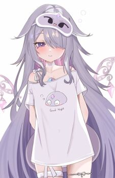 1girl absurdres arms_behind_back castellayaki chest_jewel choker closed_mouth clothes_writing colored_inner_hair commentary cowboy_shot detached_wings english_commentary gem gradient_hair grey_hair hair_flaps hair_over_one_eye highres hololive hololive_english jewel_under_eye jewelry koseki_bijou koseki_bijou_(pebble_pajamas) long_hair long_shirt looking_at_viewer metal_wings multicolored_hair no_pants off-shoulder_shirt off_shoulder pebble_(koseki_bijou) pink_hair purple_eyes purple_gem purple_hair shirt short_sleeves sidelocks simple_background sleep_mask smile solo t-shirt thigh_strap thighlet very_long_hair virtual_youtuber white_background white_choker white_shirt wings