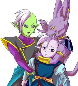 Rule 34 | 3boys, angry, beerus, colored skin, dragon ball, dragon ball super, dragonball z, dragonball z battle of gods, green skin, kaioushin, male focus, mohawk, multiple boys, purple skin, shin (dragon ball), sweat, sweatdrop, white background, white hair, zamasu