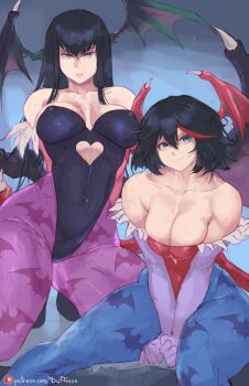 2girls absurdres animal_print artist_name bare_shoulders bat_print black_hair blue_eyes breasts breasts_squeezed_together cleavage_cutout clothing_cutout cosplay covered_erect_nipples darkstalkers detached_sleeves duffmox head_wings heart_cutout highres kill_la_kill kiryuuin_satsuki large_breasts leotard lilith_(darkstalkers) lilith_(darkstalkers)_(cosplay) lips long_hair matoi_ryuuko morrigan_aensland morrigan_aensland_(cosplay) multiple_girls muscular muscular_female short_hair siblings sisters sitting smile thighs wings