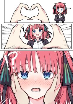 ! !? ... 1girl black_jacket black_ribbon blue_eyes blush collared_shirt comic go-toubun_no_hanayome hair_ribbon hands_on_another&#039;s_cheeks hands_on_another&#039;s_face heart heart_hands highres jacket looking_at_viewer lower_teeth_only medium_hair nakano_nino open_clothes open_jacket portrait profnote red_hair ribbon shirt snoot_challenge teeth tongue white_shirt