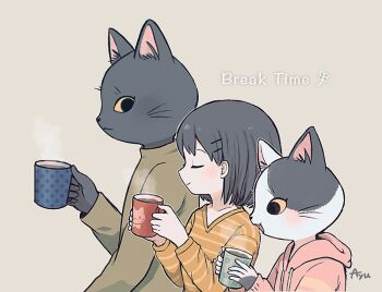 3girls :3 :d animal_ear_fluff animal_ears ayu_(mog) black_hair cat_ears cat_girl closed_eyes closed_mouth colored_sclera commentary commentary_request cup drawstring english_commentary furry furry_female grey_background holding holding_cup hood hood_down hoodie long_sleeves mixed-language_commentary multiple_girls open_mouth orange_shirt original pink_hoodie romaji_commentary shirt short_hair signature simple_background smile striped_clothes striped_shirt upper_body whiskers yellow_sclera