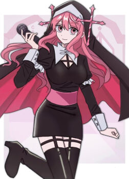 Rule 34 | 1girl, arm at side, belt, black boots, black dress, black veil, boots, border, breasts, cleavage cutout, closed mouth, clothing cutout, commentary request, cowboy shot, cross, double-parted bangs, dress, friday night funkin', frilled sleeves, frills, garter straps, grey background, hair between eyes, hand up, high heel boots, high heels, holding, holding microphone, humanization, juliet sleeves, kokococo924, long hair, long sleeves, looking at viewer, medium breasts, microphone, nun, outside border, pencil dress, pink belt, pink eyes, pink hair, pink veil, puffy sleeves, sarvente (friday night funkin'), short dress, simple background, smile, solo, standing, standing on one leg, thigh boots, thighhighs, two-sided veil, veil, white border, zettai ryouiki