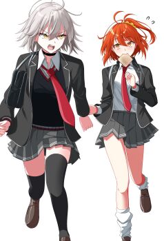 2girls absurdres ahoge black_jacket black_sweater blush bread bread_slice breasts choker collared_shirt commentary_request fate/grand_order fate_(series) food food_in_mouth fujimaru_ritsuka_(female) grey_hair grey_skirt highres jacket jeanne_d'arc_alter_(fate) large_breasts long_sleeves medium_breasts mouth_hold multiple_girls necktie nigori_(keydoor) one_side_up open_mouth orange_eyes orange_hair pseudo-tokyo_school_uniform school_uniform shirt short_hair skirt sweater toast toast_in_mouth white_shirt yellow_eyes