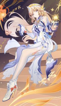 1girl absurdres bare_shoulders blonde_hair blue_eyes boots breasts chinese_commentary closed_mouth commentary_request cup detached_sleeves dress floating full_body genius_invokation_tcg_(style) genshin_impact high_heels highres hongm long_hair looking_at_viewer nicole_(genshin_impact) sitting smile solo stairs thighhighs white_dress