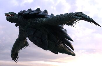 3d byneet claws cloud engi_(animation_studio) flippers flying full_body gamera gamera_(series) gamera_-rebirth- giant giant_monster glowing glowing_eyes green_eyes highres kadokawa kaiju monster no_humans open_mouth roaring sea_monster sharp_teeth sky tail teeth tongue turtle turtle_shell tusks