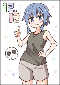 1girl :3 bare_arms bare_shoulders black_border blue_eyes blue_hair blush_stickers border closed_mouth commentary_request dated fujimi_nemu grey_shirt grey_shorts hand_on_own_hip hand_up nekotoufu onii-chan_wa_oshimai! shirt short_hair shorts skull sleeveless sleeveless_shirt solo thumbs_up white_background