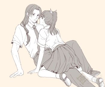 Rule 34 | 1boy, 1girl, alternate costume, blunt bangs, blush, chara no7, collared shirt, hair ribbon, jinshi (kusuriya no hitorigoto), kusuriya no hitorigoto, long hair, looking at another, low-tied long hair, maomao (kusuriya no hitorigoto), necktie, parted bangs, pleated skirt, ponytail, ribbon, school uniform, sepia, shirt, short sleeves, skirt, socks, twitter username, white shirt, white socks