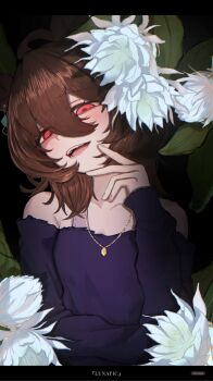 1girl absurdres agnes_tachyon_(umamusume) ahoge arata_savage black_background breasts brown_hair chemical_structure ear_ornament earrings flower hair_between_eyes hand_up highres jewelry medium_hair necklace off-shoulder_shirt off_shoulder open_mouth purple_shirt red_eyes shirt simple_background single_earring small_breasts smile solo umamusume white_flower